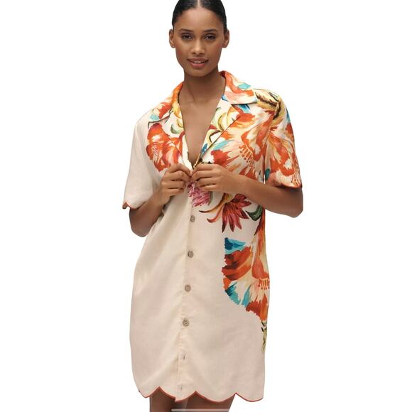 Lg-Farm Rio Anthropologie Womens Shirt Dress Lg Linen Blend Floral Button Front - Picture 1 of 15